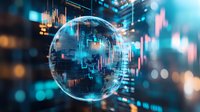 Digital globe with financial data charts and trading graphs for global market analysis and investment technology concepts.