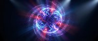 Abstract energy sphere with glowing neon rings and particles in blue pink purple colors on dark background for futuristic technology design concepts.