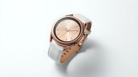 Elegant wristwatch with rose gold case and white leather strap isolated on white background, suitable for e-commerce, fashion, and product design applications.