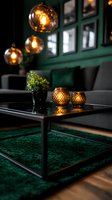 Modern dark green living room with glass pendant lights and coffee table decorated with candle holders and plant. Moody interior design with emerald accents.