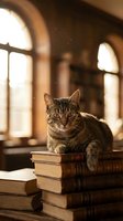 Tabby cat sitting on stack of old books in warm sunlit library with arched windows and floating dust particles creating cozy academic atmosphere.
