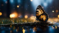 Monarch butterfly resting on wet surface at dusk with golden bokeh lights and water reflections creating magical nature atmosphere. Perfect for environmental themes.