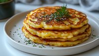 Stack of golden savory pancakes with herbs and spices on white plate, homemade breakfast food with crispy edges and soft center.