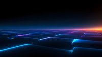 Futuristic digital landscape with glowing neon grid extending to horizon against dark background, featuring blue and purple light trails and orange sunset sky.