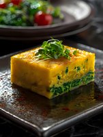Homemade spinach and egg frittata slice on dark plate garnished with microgreens. Close up view of golden breakfast dish with fresh herbs and vegetables.