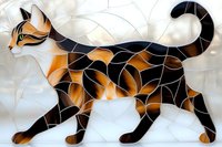 Stained glass style calico cat with black outlines and orange-brown patches walking gracefully against light background, artistic mosaic pattern design.