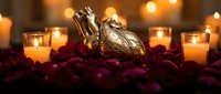 Anatomical heart sculpture surrounded by red rose petals and glowing candles creates romantic gothic atmosphere for Valentine's Day or medical education.