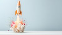 White and orange rocket launching with colorful smoke and cloud effect against light background, creative startup business concept for innovation and success.