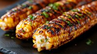 Grilled corn on the cob with caramelized glaze and fresh herbs on dark slate surface. Perfect for summer barbecue menus and outdoor cooking content.
