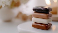 Stack of smooth spa stones in varying shades of brown, black, and white on light surface with soft bokeh background. Perfect for wellness concepts.
