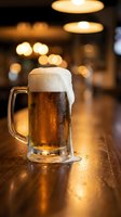 Fresh draft beer mug with foam on wooden bar counter in cozy pub with warm bokeh lights creating atmospheric dining and nightlife ambiance.