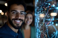 Young Middle Eastern professional with glasses and beard smiling next to futuristic digital network visualization display showing connected nodes and data points.