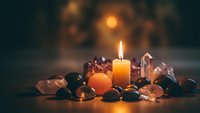 Burning candle surrounded by healing crystals and gemstones creating warm ambient lighting for meditation, spirituality and wellness practices.