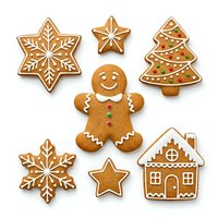 Assorted gingerbread cookies including snowflakes, stars, gingerbread man, tree and house with white icing details on white background, isolated for holiday baking designs.