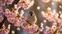 Small sparrow perched on blooming cherry blossom branch with pink flowers in soft golden sunlight creating dreamy bokeh background for nature photography.