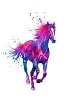Vibrant watercolor horse galloping with flowing mane in purple pink blue gradient colors isolated on white background for creative design projects.