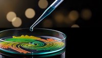Laboratory pipette dropping liquid into petri dish with colorful swirling pattern for scientific research and experimentation in modern lab setting.