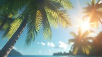 Tropical paradise view with palm trees framing bright sun rays and turquoise ocean waters. Dreamy summer vacation scene with mountain silhouette in background.