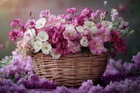 Pink and white garden flowers arranged in woven basket with soft purple bokeh background creating romantic floral composition for spring and summer decor.