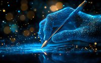 Glowing digital hand holding pen against dark background with sparkles and network connections, representing creativity and artificial intelligence in writing.