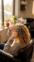 Woman with curly blonde hair getting professional haircut at modern salon with natural lighting and cozy atmosphere for beauty and wellness services.