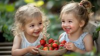 Two young girls with blonde curly hair and fair complexion, approximately 2-4 years old, happily holding a bowl of fresh strawberries outdoors in a garden setting with blurred green foliage background.