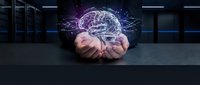 Businessman hands holding glowing digital brain with neural network connections in modern server room for AI technology and machine learning concepts.