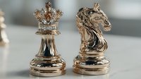 Luxury golden chess pieces king and knight on blurred background showcasing premium metallic finish and intricate craftsmanship for strategic board games.
