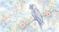 Blue parrot perched on flowering branch with roses and wisteria in soft watercolor style on light background for nursery decor and botanical art projects.