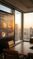Modern corporate boardroom with digital analytics dashboard displaying quarterly growth charts and data visualization on wall monitor overlooking city skyline.