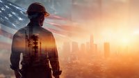Silhouette of construction worker with American flag and city skyline double exposure at sunset, symbolizing infrastructure development and patriotism.