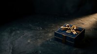 Dark blue luxury gift box with gold ribbon bow on textured dark surface, suitable for holiday, celebration, and premium product packaging designs.
