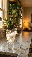 Sparkling water splashing in glass with pineapple garnish on marble kitchen counter in warm sunlit modern home interior for refreshing summer beverage concept.