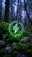 Glowing neon lightning bolt symbol surrounded by lush green moss and forest vegetation in misty woodland setting, representing renewable energy and sustainable power concepts.