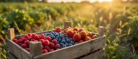 Fresh mixed berries in rustic wooden crate at sunset vineyard. Organic strawberries, blueberries and raspberries harvest for healthy eating and farm market.