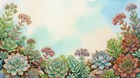 Watercolor succulent garden border with colorful plants and flowers on pastel sky background for botanical design projects and nature artwork.
