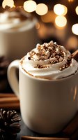 Hot chocolate topped with whipped cream and chocolate shavings in white ceramic mug, decorated with cinnamon sticks and pine cones, warm bokeh background.