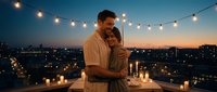 Romantic couple embracing on rooftop terrace at sunset with string lights and candles creating intimate atmosphere for date night celebration.