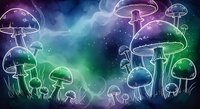 Glowing neon mushrooms in purple and green hues against a cosmic starry background, creating a surreal fantasy forest scene for digital art and design projects.