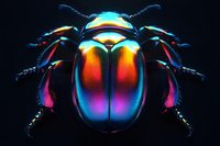 Vibrant metallic beetle with iridescent wings displaying rainbow colors of blue, pink, and gold against dark background, macro photography style closeup.