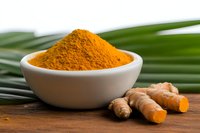 Fresh turmeric powder in white bowl with raw turmeric roots on wooden surface with green leaves for cooking and natural health remedies.