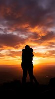 Silhouetted adult carrying child on shoulders against dramatic golden sunset sky with vibrant orange and purple clouds, mountain landscape backdrop, conveying parental love and family bonding moments.