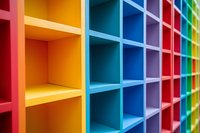 Colorful storage cubes in rainbow gradient pattern create modern geometric composition with empty shelving units showing depth and perspective in vibrant hues.