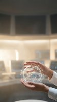 Hands holding glowing crystal sphere with digital network connections in modern office environment, representing global business, technology innovation, and future vision for corporate strategy.