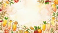 Watercolor border frame with champagne glasses, citrus fruits, and tropical leaves on a soft pastel background, perfect for brunch or celebration designs.