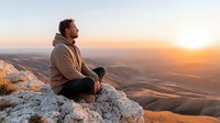 Young Caucasian man in beige hoodie sitting on rocky mountain peak during golden hour sunrise, contemplating scenic valley landscape below.