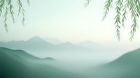Serene mountain landscape in misty green tones with hanging willow branches, minimalist Asian-inspired scenery for meditation and wellness backgrounds.