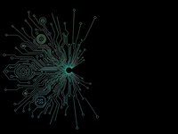 Futuristic circuit board pattern with glowing green lines radiating from center on black background for technology designs.