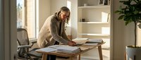 Middle-aged Caucasian woman architect reviewing blueprints at wooden desk in bright modern office with natural light and minimalist design elements.