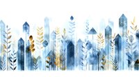 Abstract watercolor forest with blue and gold leaves creating decorative border on white background for nature-themed designs and botanical projects.